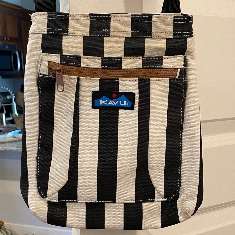 Kavu Black and Cream Striped Messenger Bag